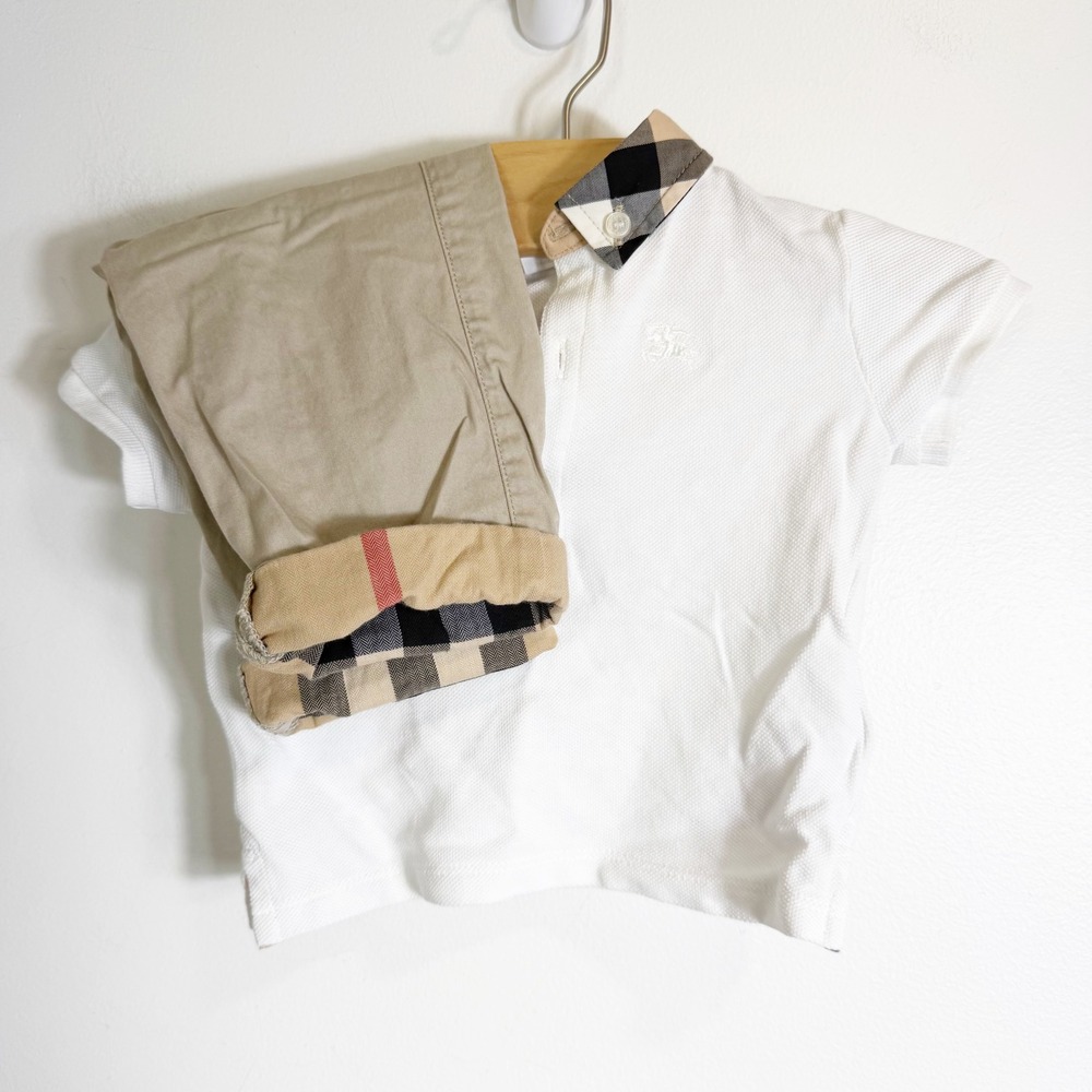 Burberry Polo and Pants Set Boys 9M White Tan Nova Check Cuffs